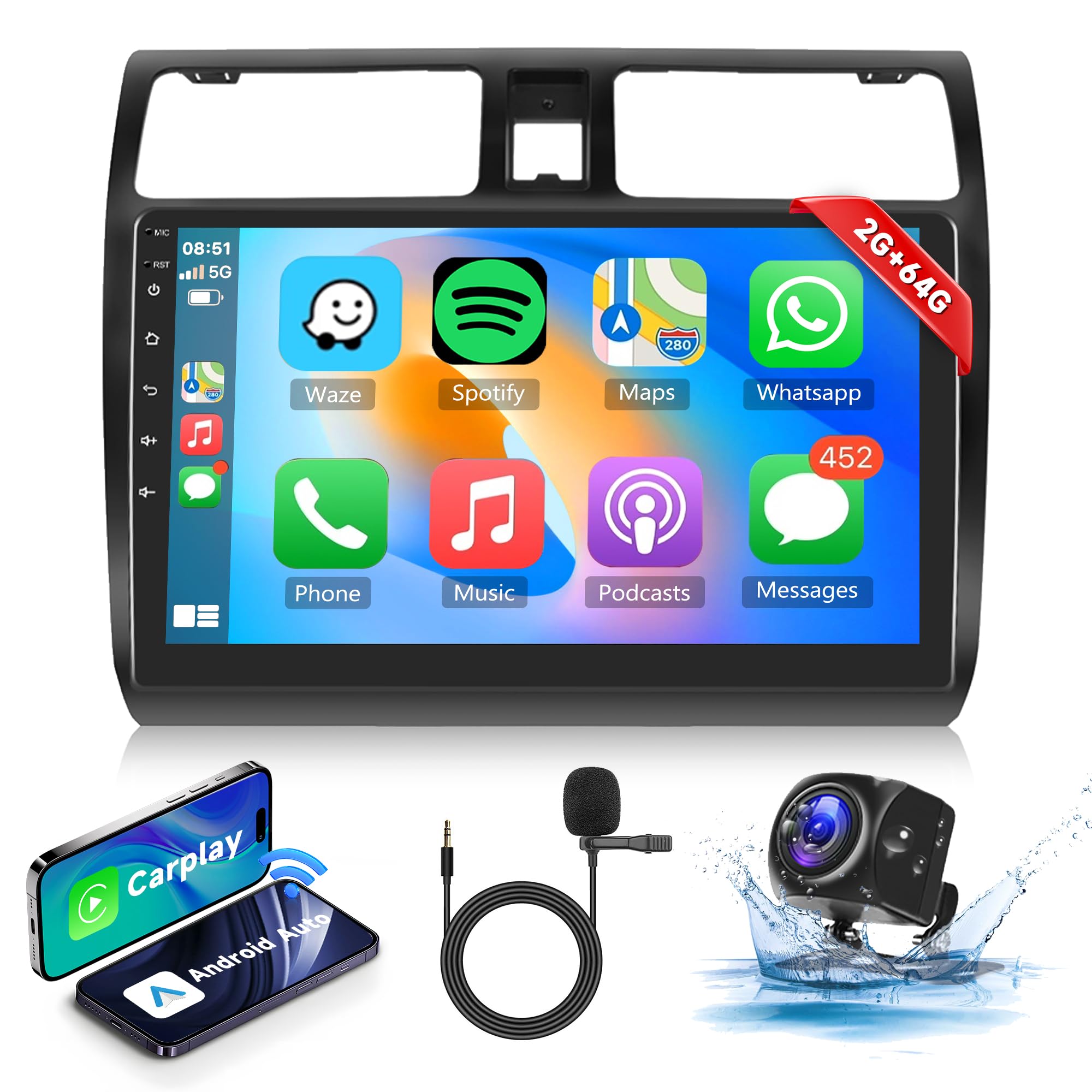2G 64G Android Car Stereo for Suzuki Swift 2005-2010 with Wireless Carplay Android Auto, Rimoody 10.1 Inch Touch Screen Car Radio with GPS Navigation Bluetooth FM/RDS/EQ WiFi Mirror Link Backup Camera