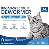 Broad-Spectrum Dewormer for Cats and Kittens - Pyrantel Pamoate &amp; Praziquantel for Cats 2-20 Ibs, Treats Tapeworms, Roundworms &amp; Hookworms, 12 Tablets