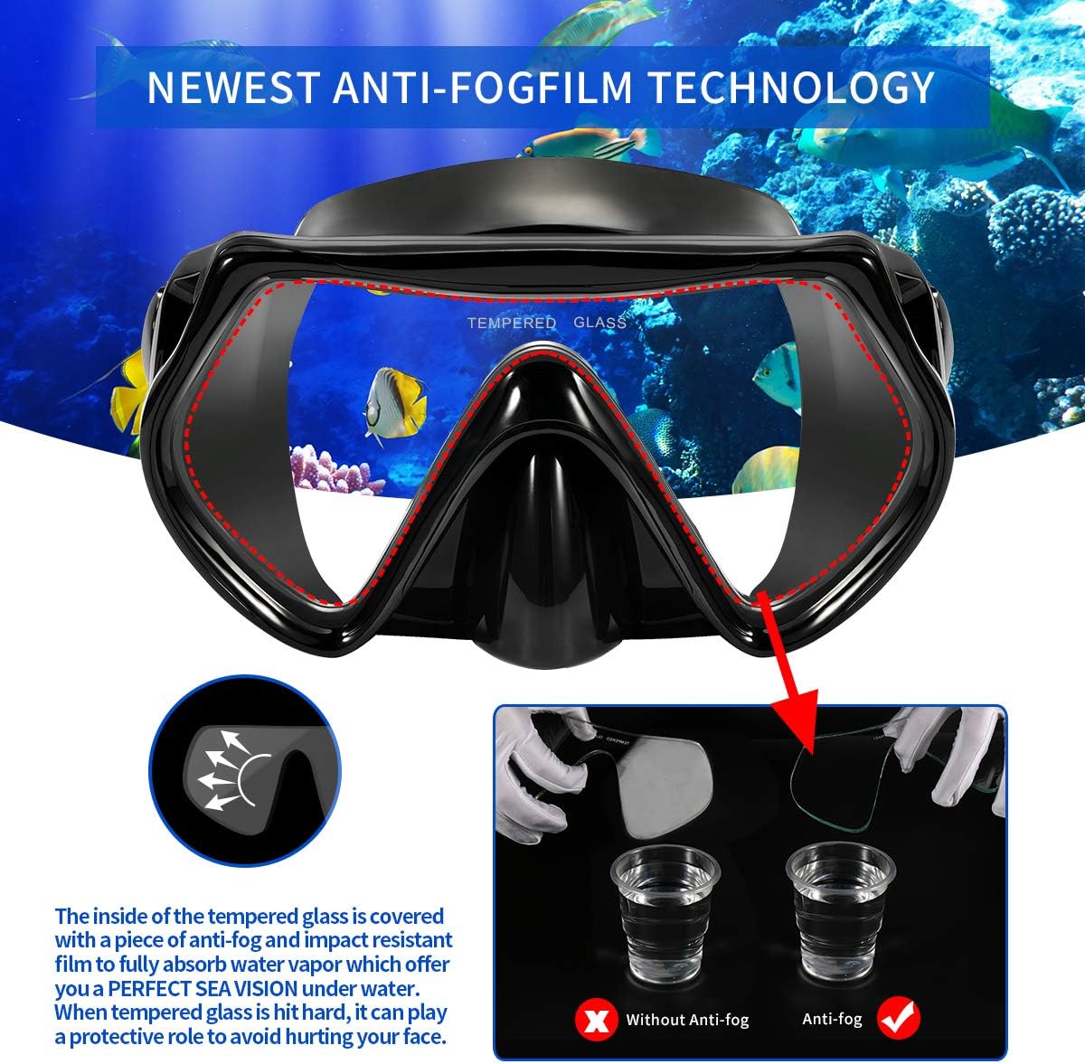 Supertrip Snorkel Set Adults-Anti-Fog Film Scuba Snorkeling Diving Mask with Impact Resistant Temperred Glass|Dry Top Snorkel, 2 Mouthpieces 1 Waterproof Case Included Black : Sports & Outdoors