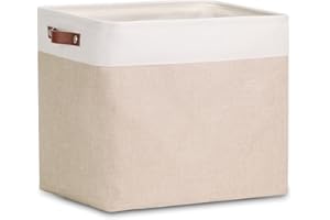 DULLEMELO Large Collapsible Storage Basket/Bin with Sturdy Leather Handles, Fabric Organizer Bin for Storage Clothes, Toys, Books, Office, Bedroom, Closet, Nursery & Laundry (White&Khaki)