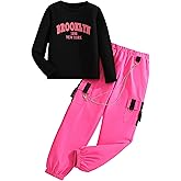 LuxyBear Girl's Spring Fall 2 Piece Outfits Long Sleeve Tops and Cargo Pants Hip Hop Dance Set