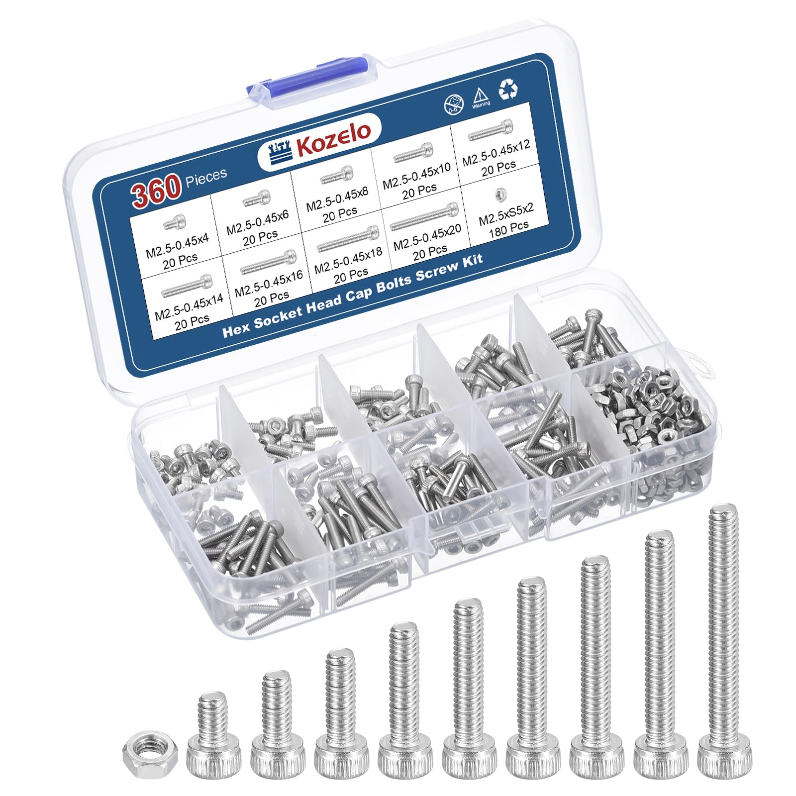 Kozelo 360pcs M2.5 Socket Head Cap Screws Bolts Nuts Assortment Kit - [M2.5x4/6/8/10/12/14/16/18/20mm] 304 Stainless Steel Allen Socket Drive for 3D Printer