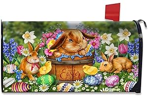 MIAOQUHE Easter Bunnies Eggs Mailbox Cover Magnetic Standard Size 21x18 Inch Spring Colorful Flowers Mailbox Covers Mailbox Wraps Easter Decor Post Letter Box Cover for Garden Yard
