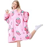 Aemicion Blanket Hoodie for Kids,Oversize Sherpa Sweatshirt Wearable Blanket with Pink Strawberry as Gift for Girls Daughter Friends