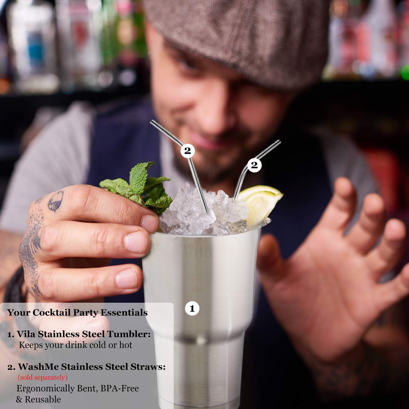 30oz Stainless Steel Travel Tumbler by Vila - BPA-free, double wall vacuum insulated - Tight transparent lid prevents spillage - Shatterproof, rustproof - Keeps Hot Drinks Hot and Cold Drinks Cold