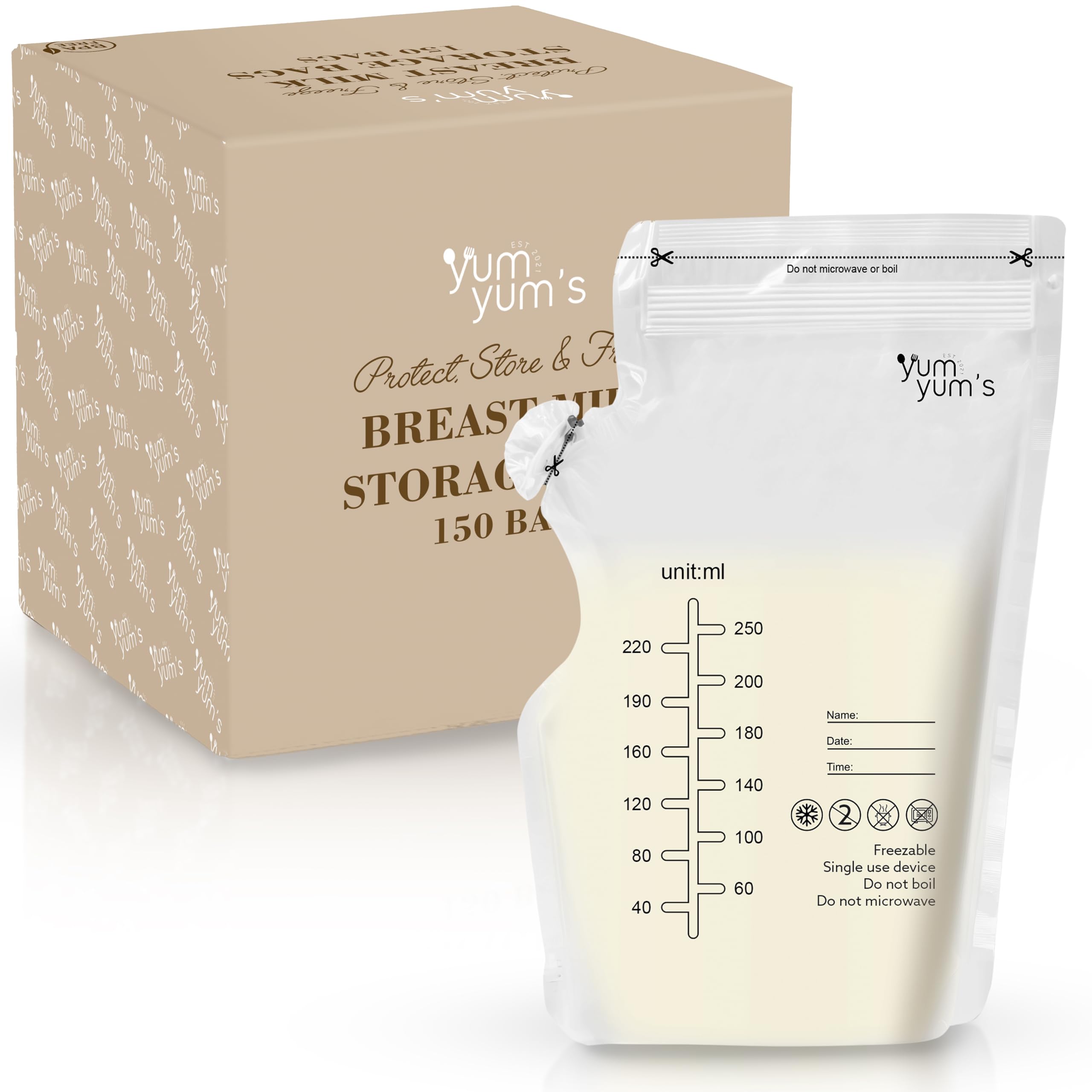 Yum Yum's 150 Pcs x 250ml Breast Milk Storage Bags - Disposable No-Leak Pouches w/Secure Double Zipper Seal & Pour Spout - Pre-Sterilised Freezer Bags - Easy Labeling for Date & Volume