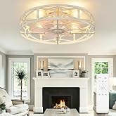 Depuley Flush Mount Ceiling Fan: 20" Caged Ceiling Fans with Remote Control for Patio Kitchen Bedroom - Low Profile Fandelier Lights Fixture Reversible 6 Speed Timer Cement 4*E26 Bulb Not Included