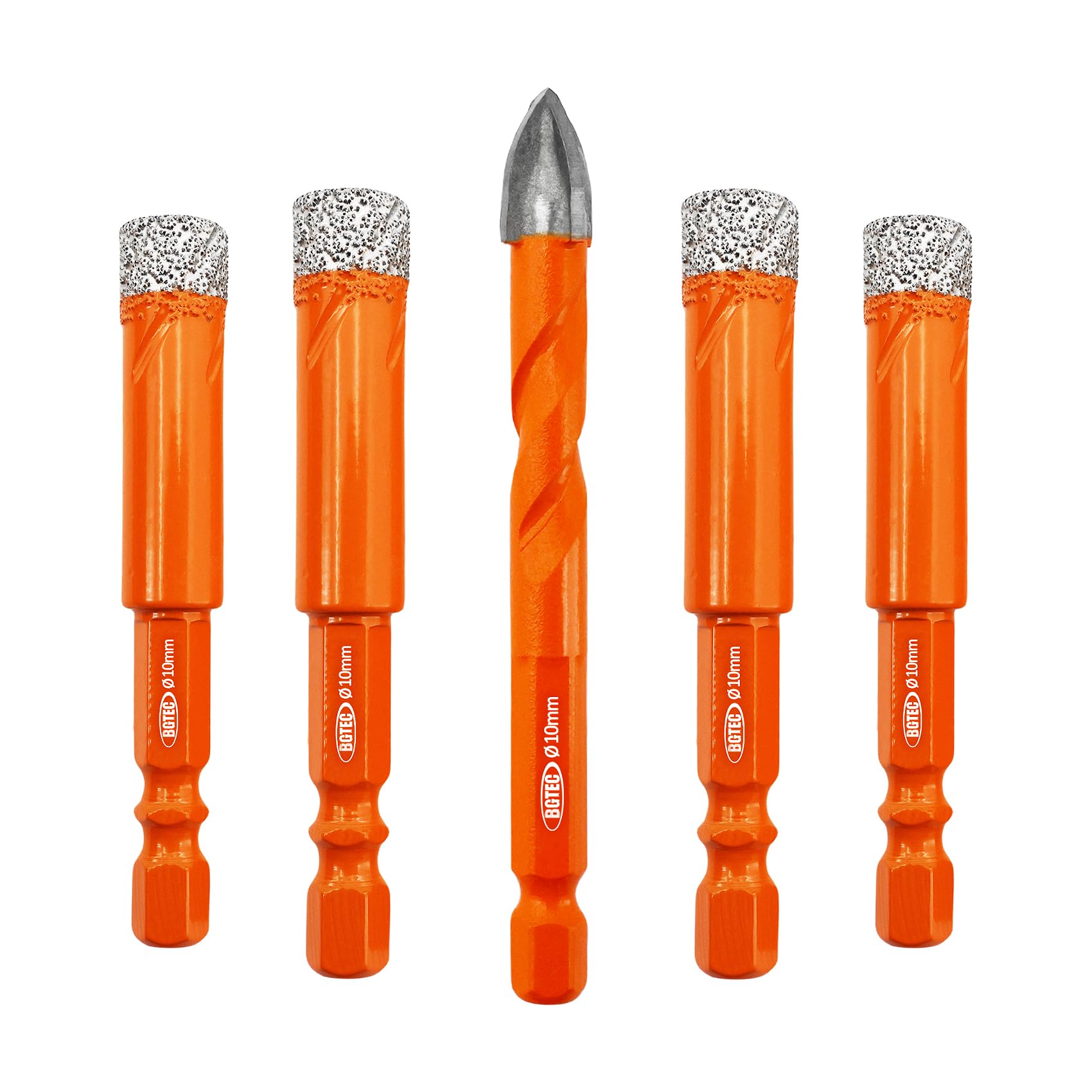 BGTEC Dry Diamond Drill Bits - 10mm*4 Masonry Drill Bits Set & 1pc 10mm Tungsten Carbide Tip Tile Drill Bit with Quick Change Hex Shank for Granite Marble Porcelain Tile Ceramic