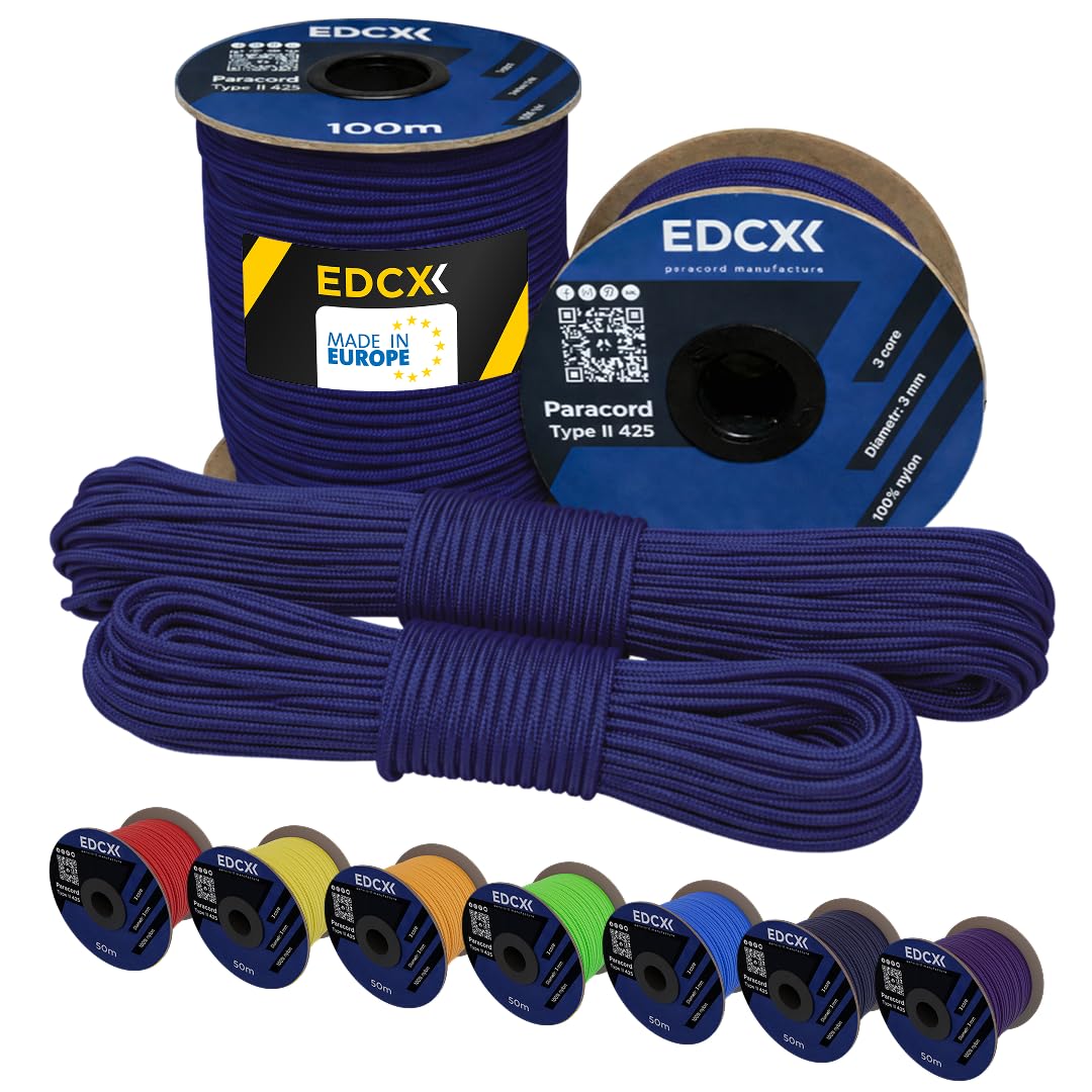 EdcX 3 mm Nylon Paracord 425 (15, 30, 50 and 100m) – 3 mm Type II, 100% Nylon Rope, 3 Strand Rope, 3 mm Nylon Rope in Many Colors (Navy Blue, 15 m)