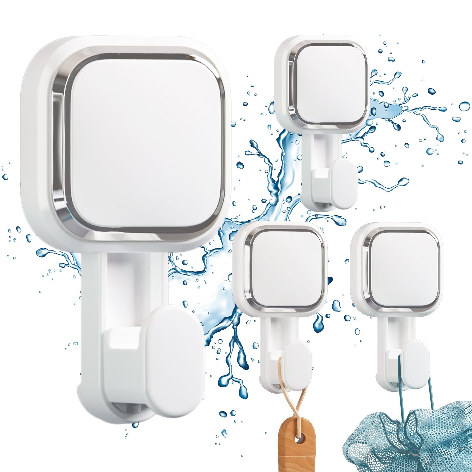 TAILI Suction Hooks for Bathroom Suction Cups 4 Packs No Drilling Bathroom Towel Hooks Heavy Duty Shower Hanger for Wall, Kitchen, Towel, Robe Removable Waterproof Shower Wall Cups, Square Shaped