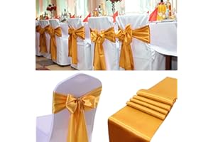 SATULGAU 100 PCS Satin Chair Sashes Decorative Bows Satin Chair Sashes Ties Back Ribbon Bows Chair Cover Band for Wedding Party Ceremony Reception Events Banquet Restaurant Home Kitchen Decor(7x108inch,Gold)