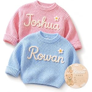 NAZENTI Personalized Hand Embroidered Baby Knit Sweater, Custom Babies Girls Outfit with Name, Infant Pullover, Customize Gif