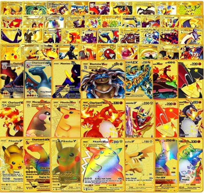 Golden Pokemon Cards 58 pcsTCG Gold Cards，Rare Cards GX Rare V Series CardsVmax GoldFoil Cards- for Kids, Fans & Collectors