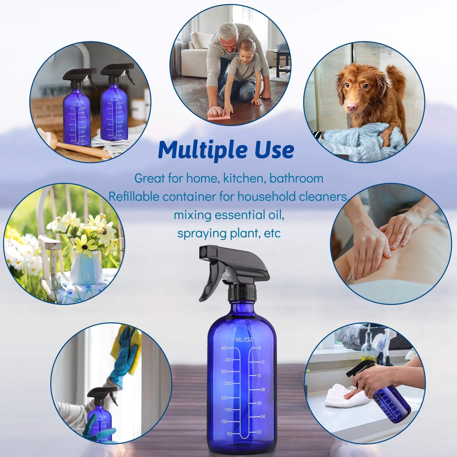 16oz Cobalt Blue Glass Spray Bottles with Measurements - Empty Reusable Refillable Container with Funnel and Labels for Mixing Essential Oils, Homemade Cleaning Products(2 Pack)