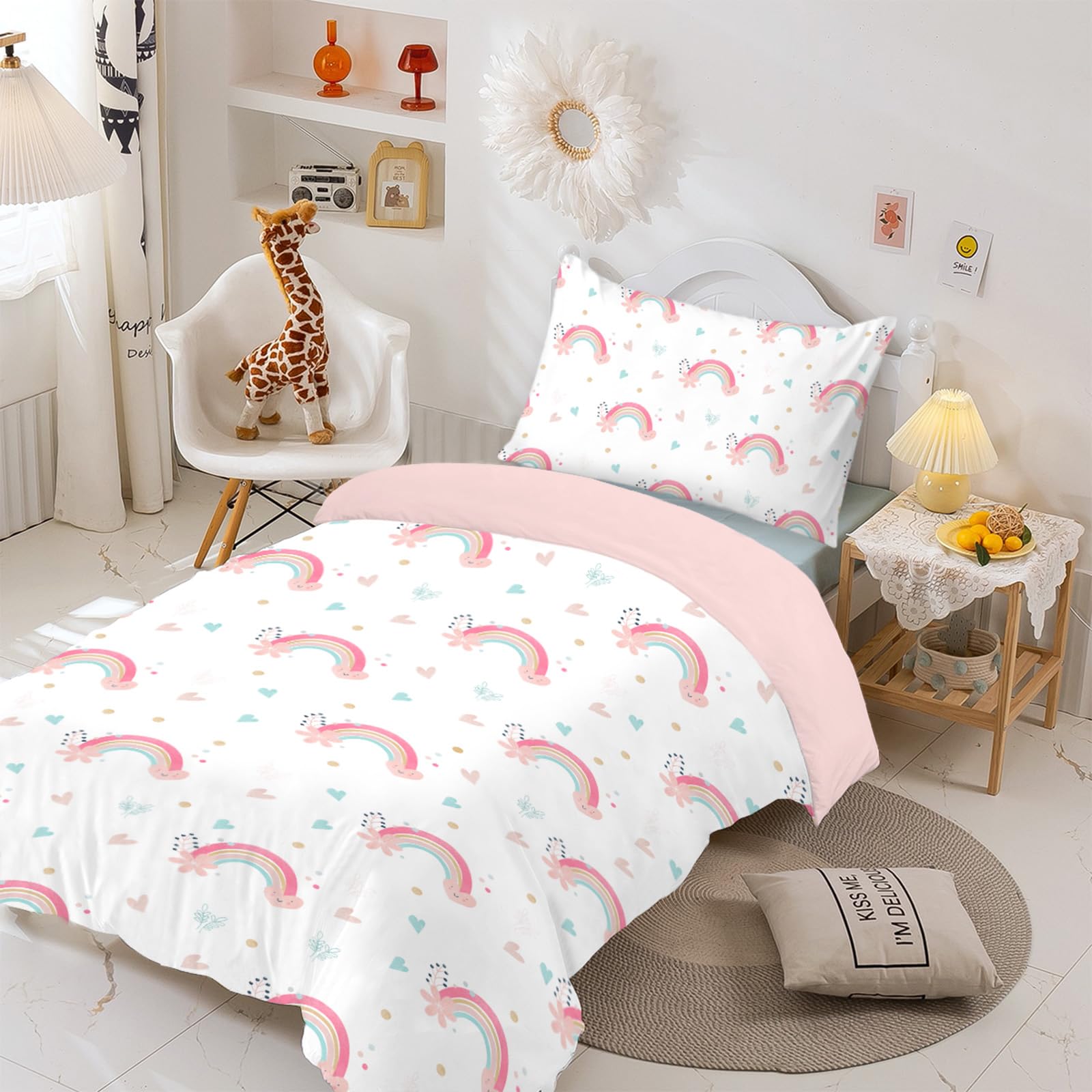 MUSOLEI Rainbow Bedding for Girls Pink Single Bedding Sets Lovely Duvet Cover Sets for Kids/Children, Colorful Microfibre Quilt Cover 135X200cm with 1 Pillowcases 50x75cm