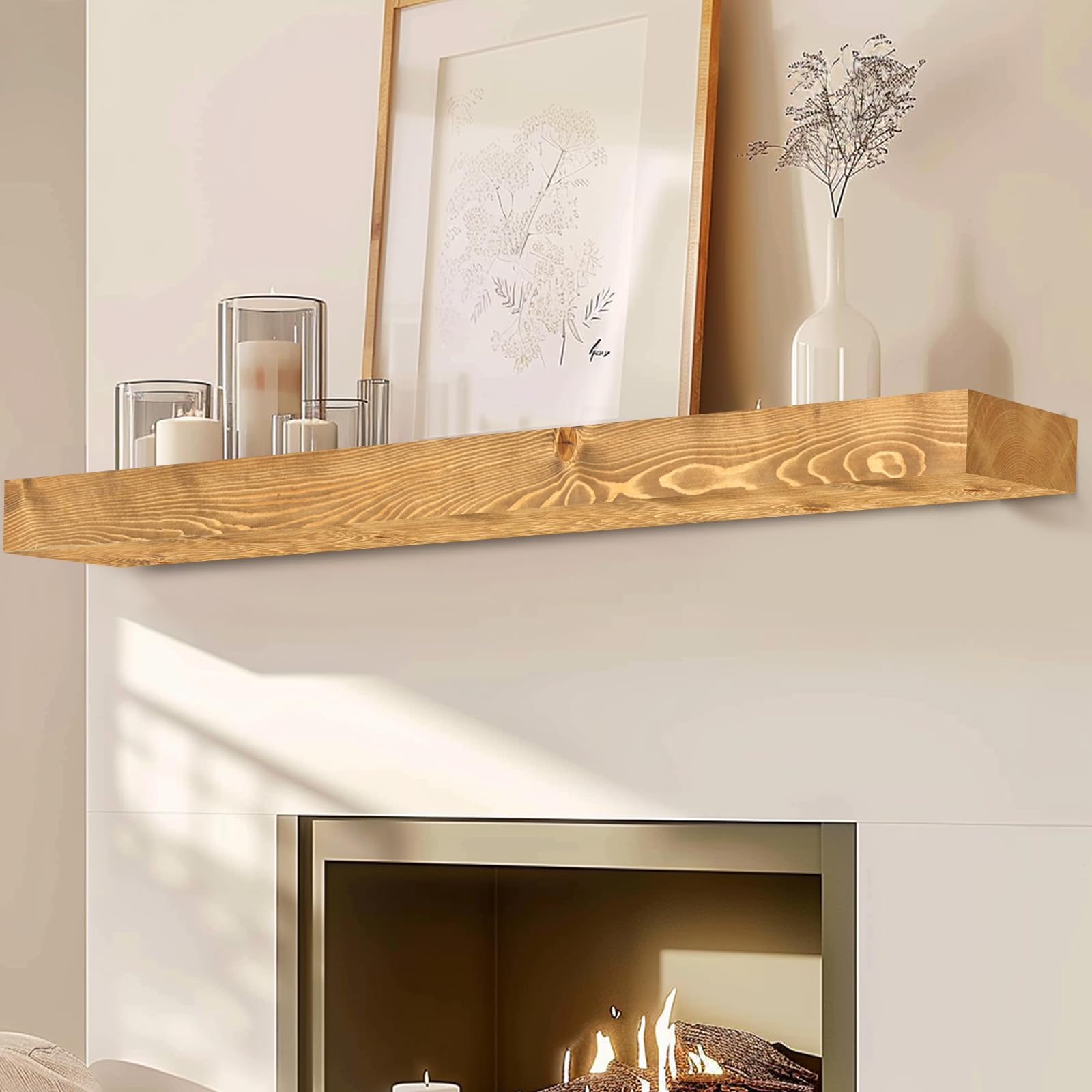 Photo 1 of ******************MISSING PARTS***********
YLYHSST 72" Fireplace Mantel, 3'' Thick Handmade Rustic Solid Wood - Wall Long Floating Shelf with Invisible Metal Bracket, Wood Color