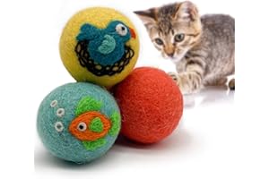 Hustle & Blush Wool Felt Balls - 3 Pack Love Ewe Pet Supplies – 2in Colorful & Durable Cat Toys Handmade from New Zealand, Ideal for Indoor Play and Mental Stimulation – Fish & Bird Design