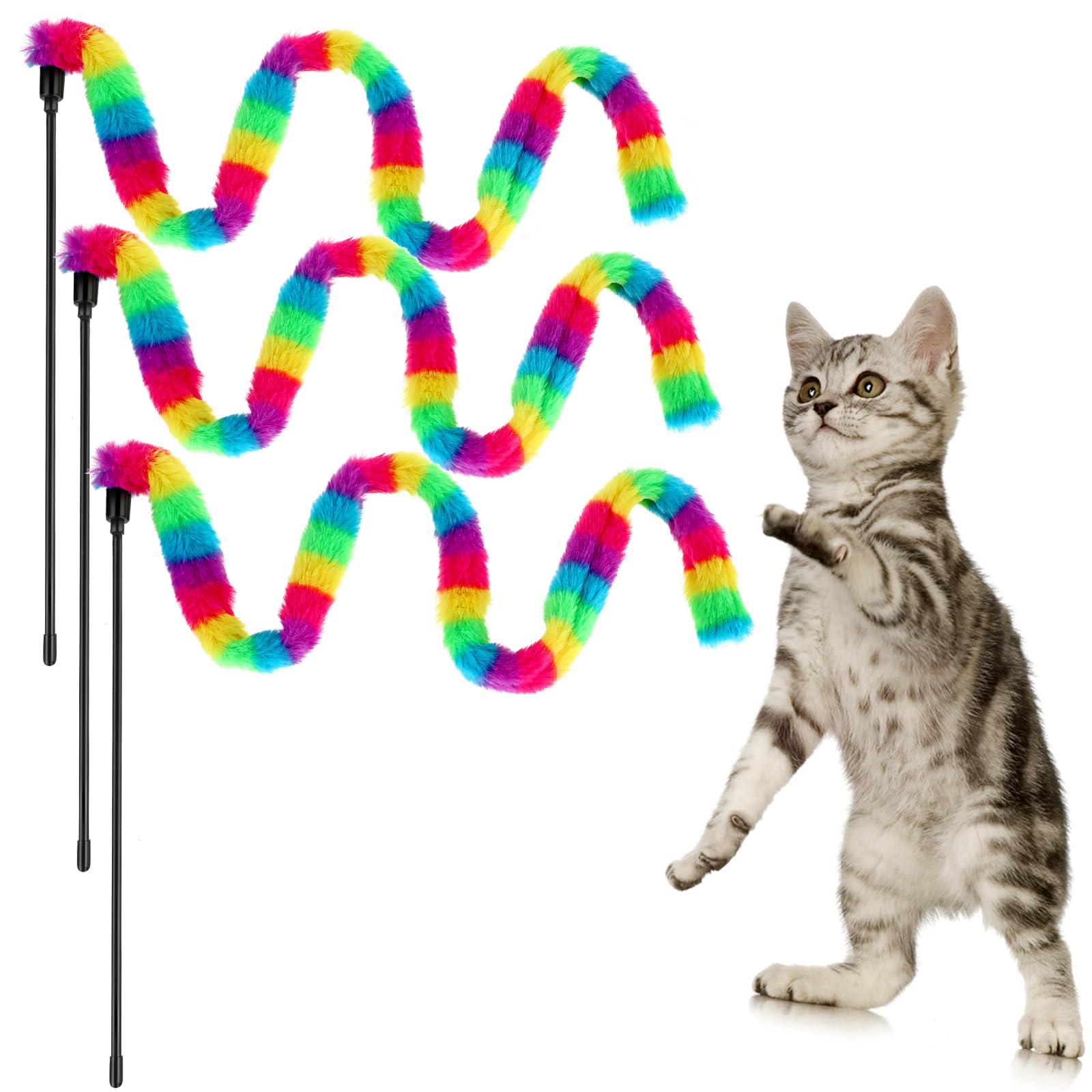 Cobee 3 Pack Interactive Cat Wand Toys, Interactive Teaser Toys Cat Wand Toys Rainbow Color Interactive Cat Toys for Indoor Cats Kittens Kitty Training Pets Exerciser
