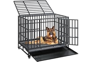 Holiwei 37'' Heavy Duty Dog Crate Metal Indestructible Dog Cage, Escape Proof Dog Kennel with Lockable Wheels, Removable Tray
