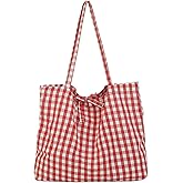 Gingham Tote Bag Vintage Shoulder Tote Lightweight Shoulder Bag Gingham Large Capacity Handbag