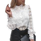 Sewius Women's Elegant Lace Crochet Mock Neck Long Sleeve Button Down Blouse Shirt Top