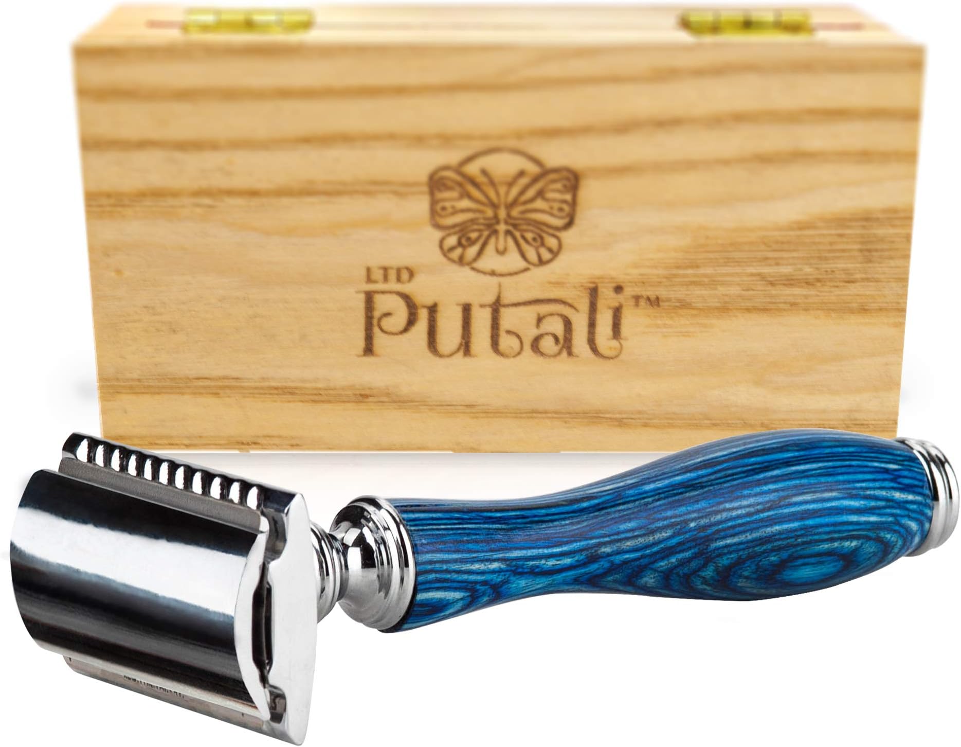 Putali Ltd. | Premium Double Edge Safety Shaving Razor for Men or Women– No Slip Eco Friendly Pakkawood Handle | Catalina (Blue)
