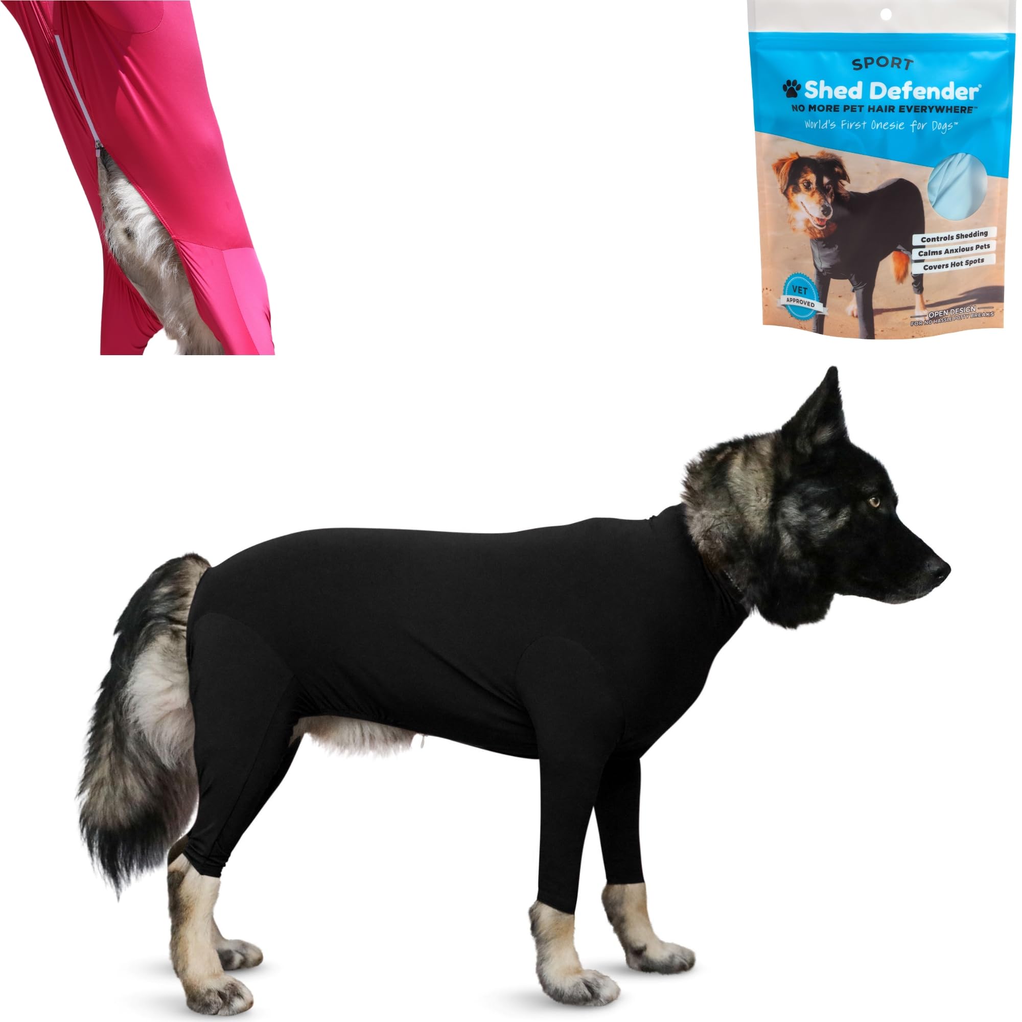 Shed Defender Sport Dog Onesie – Seen on Shark Tank - Contains Dog Hair, Reduces Shedding and Anxiety, Covers Hot Spots and Surgical Sites, Calming Shirt - Veterinarian Approved (Black, M)