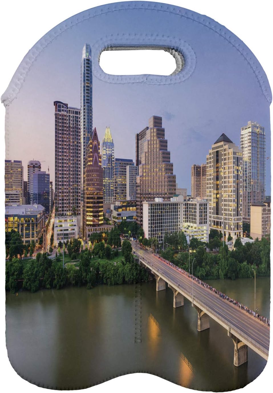 Amazon Com Ambesonne Modern Wine Bottle Carrier Austin Texas American City Bridge Over The Lake Skyscrapers Usa Downtown Picture Portable Neoprene Bag For Champagne And Water Bottles 2 Bottles Multicolor Bar Tools