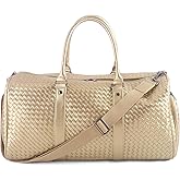 Weekender Bags for Women Woven Leather Travel Duffel Bag with Shoe Compartment, Carry On Garment Bag for Men Women, Large Capacity Water-resistant Gym Tote (Gold)