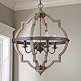 Saint Mossi 4-Lights Farmhouse Chandelier for Dining Room, Rustic Globe Black Chandeliers for Dinging Room, Orb Drum Chandeliers Light Fixtures, H22 x D20, Wood Grain Metal Frame