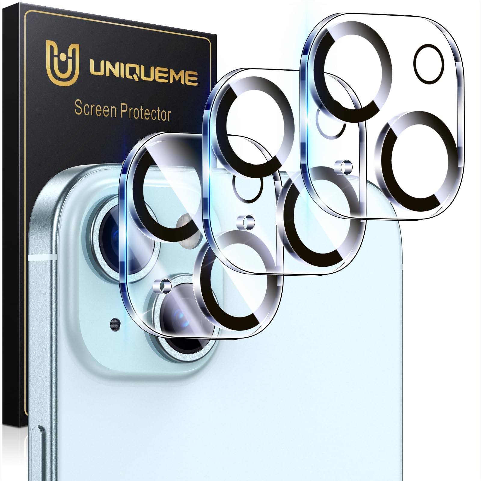 UniqueMe 3 Pack for iPhone 15 / iPhone 15 Plus Camera Lens Protector, Ultra HD Tempered Glass Camera Len Protection Cover [Case Friendly] [Scratch-Resistant] [Night Shooting Mode]