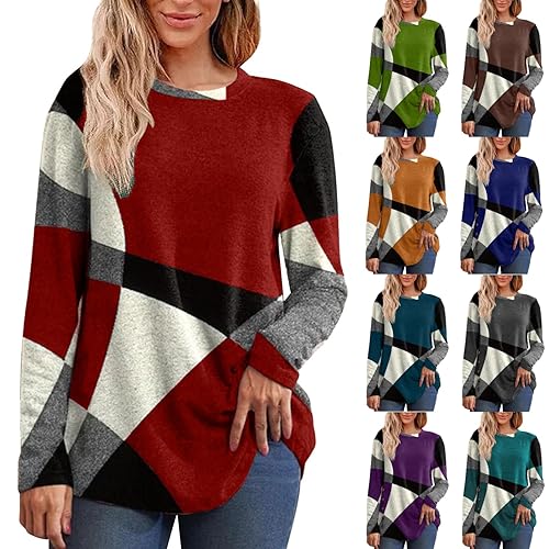 Jumpers for Women UK Women's Hoodies 2025 Autumn Winter Fleece Tops Ladies Casual Long Sleeve Crewneck Pctchwork Printed Pullover Trendy Geometric Print Blouse Ladies Elegant Sweater