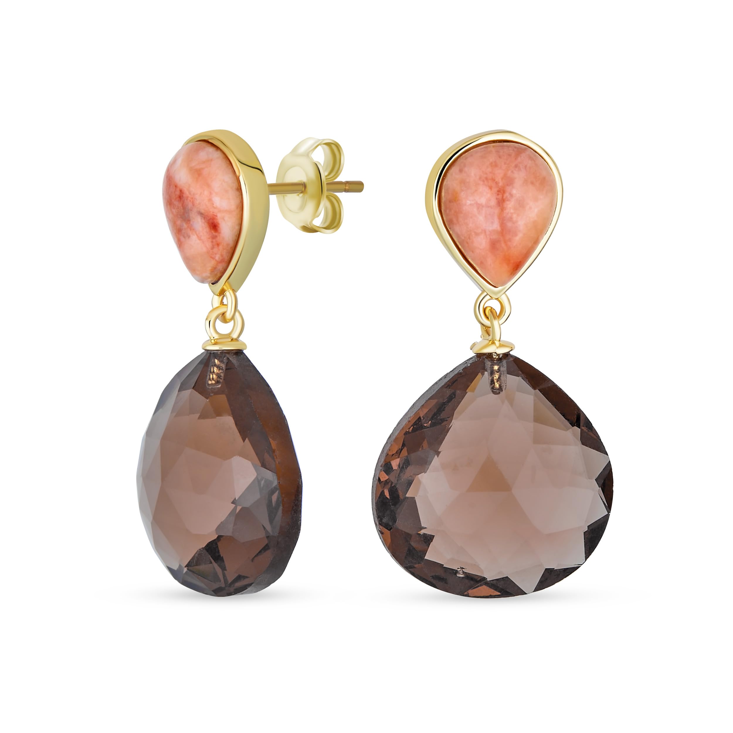 Elegant Translucent Gemstone Briolette Peach and Chocolate Brown Pear Shaped Natural Smoky Quartz Faceted Teardrop Drop Earrings For Women Gold Plated