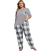 OYOANGLE Women's Plus Size 2 Piece Pajama Set Short Sleeve Shirt with Long Pajama Pant