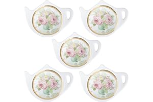 Bicuzat Floral Tea Bag Holder with Golden Trim Tea Porcelain Accessories Teapot Shaped Tea Bag Coaster Resting Caddy Saucer 4 Inch/10cm-Set of 5