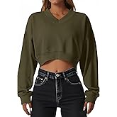Remidoo Women's V Neck Crop Top Sweatshirt Loose Fit Long Sleeve Drop Shoulder Pullover Shirt Green Medium