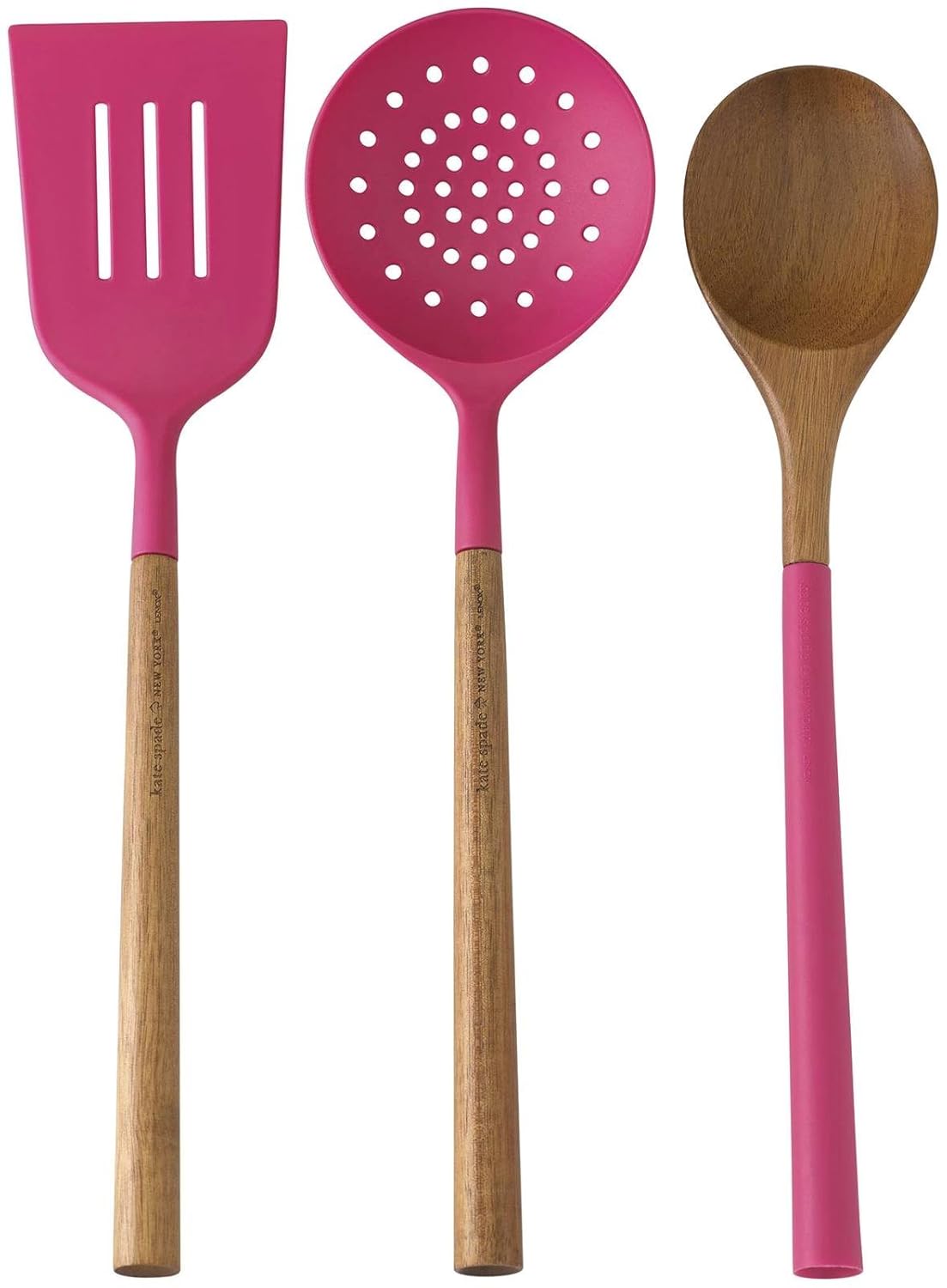 Kate Spade New York All In Good Taste Wood/Silicone 3-Piece Kitchen Tool Set, Pink