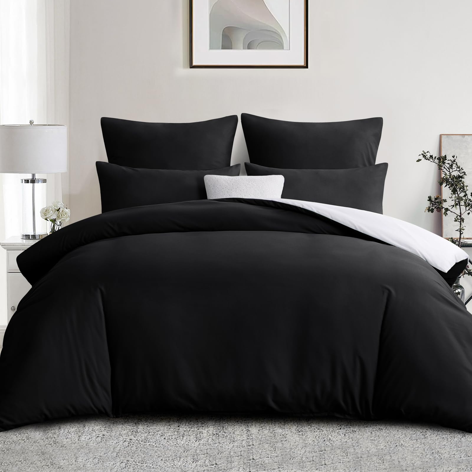 Aisbo Super King Size Duvet Cover Set - 3Pcs Reversible Bedding Bed Set Black and White Superking Soft Brushed Microfiber Quilt Cover with 2 Pillowcases 50x75cm