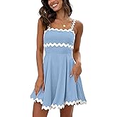 Senllen Womens Summer Flowy Mini Dress 2025 Casual Spaghetti Straps Sleeveless Smocked Backless Swing Wave Trim Sundress