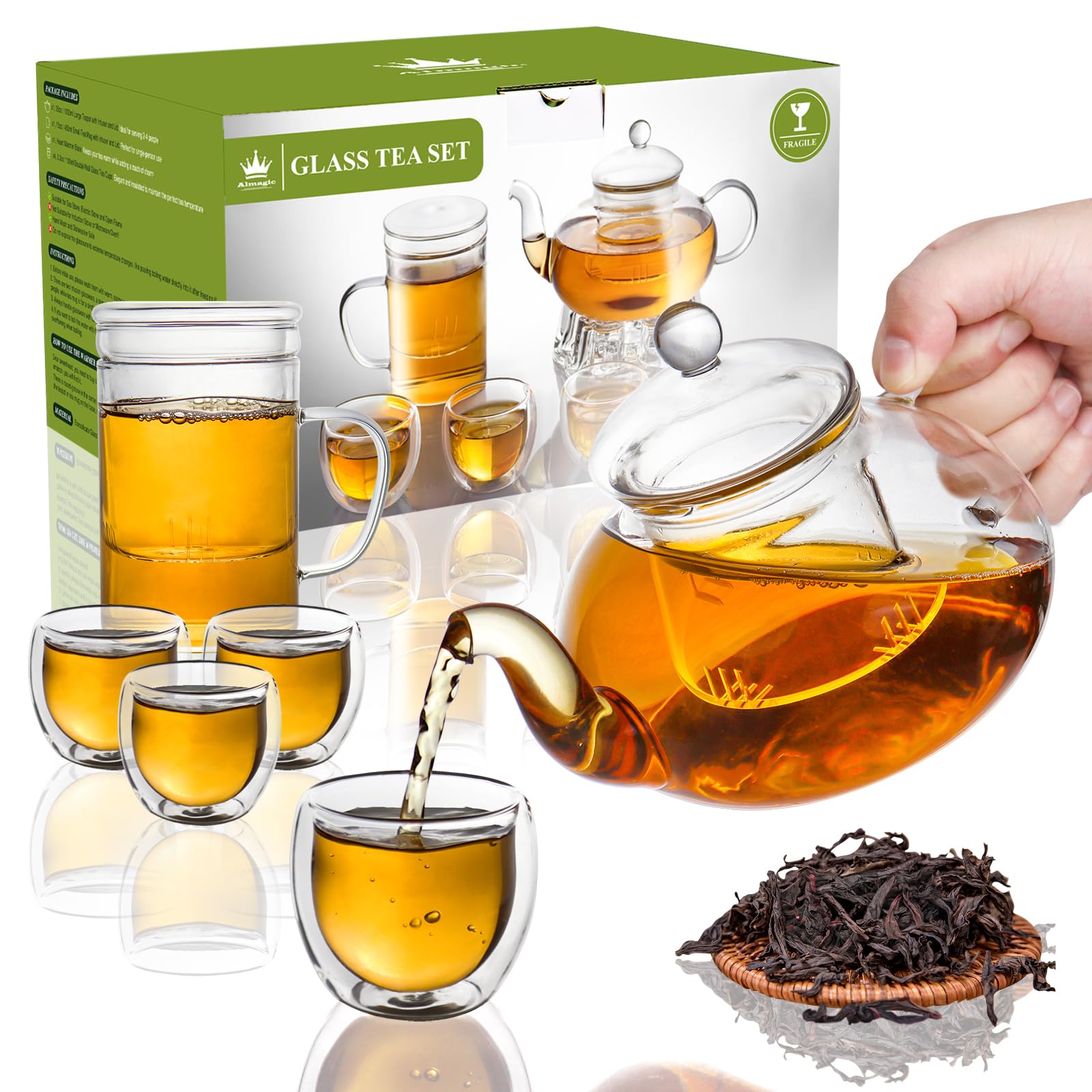 Photo 1 of 2-IN-1 Glass Tea Sets for Adults - Includes Glass Teapot and Mug with Infuser, Warmer Base, 4 Double Wall Glass Tea Cup - for Both Personal and Gathering Tea Time, Gifts for Tea Lovers