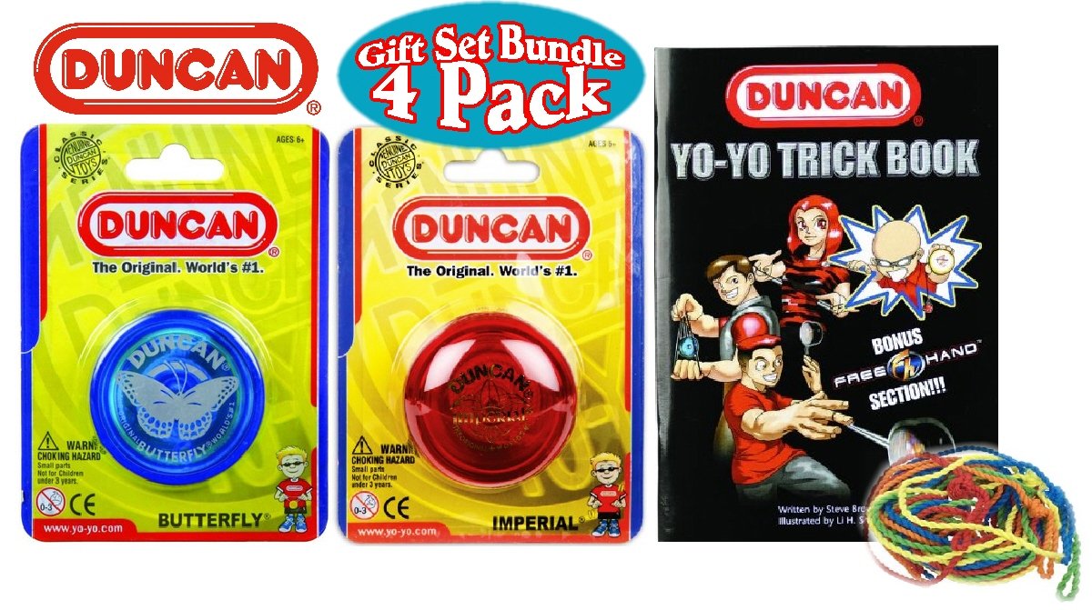 Duncan Yo-Yo Imperial, Butterfly, Trick Book & 10 Strings Deluxe Gift Set Bundle - 4 Pack (Assorted Colors)