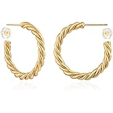 LADYGD Chunky Open Hoop Earrings for Women 14K Gold Plated Sterling Silver Post Twisted Rope Braided Thick Hoops Earring Hypoallergenic Gold Jewelry Gifts