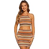 Allegra K 2 Piece Summer Beach Outfits for Women's Geometric Stripes Halter Crop Tops and Mini Skirt Sets