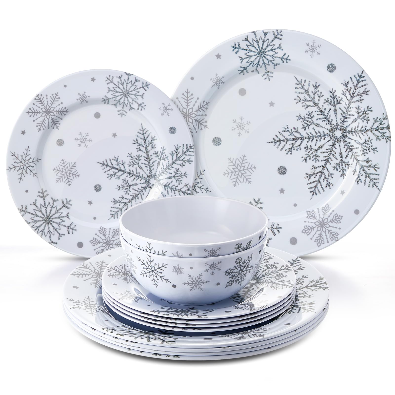 Photo 1 of Ziliny 12 Pcs Christmas Snowflake Melamine Dinnerware Set *PLASTIC* Plates and Bowls Set Include 11" Dinner Plates 8" Plates 6" Soup Bowl,service for 4 for Christmas Winter Party Supplies