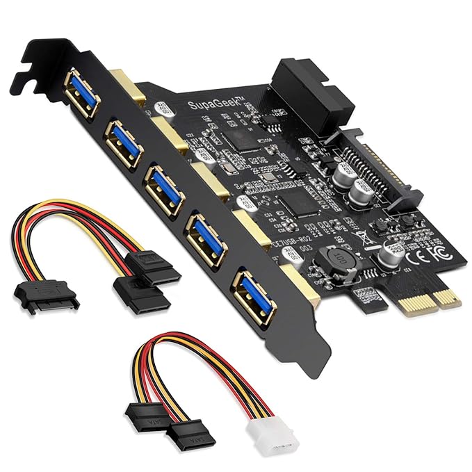 SupaGeek 5-Port-PCI-Express-Erweiterungskarte mit PCI-E- auf USB-3.0-Anschluss, erweiterbar um weitere 2 USB-3.0-Ports mit in