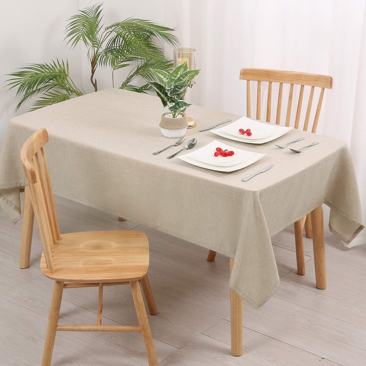 Hiasan Faux Linen Rectangle Tablecloth - Waterproof Wrinkle and Stain Resistant Washable Table Cloth for Kitchen Dining Room Holiday Dinner, Beige, 54 x 80 Inch: Furniture & Decor