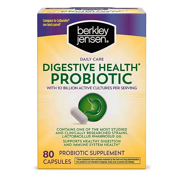 BERKLEY JENSEN DAILY CARE DIGESTIVE HEALTH PROBIOTICS FOR WOMEN & MEN – ADVANCED FORMULA WITH LACTOBACILLUS RHAMNOSUS GG & LACTOBACILLUS ACIDOPHILUS – FOR IMMUNE SUPPORT & GUT HEALTH – 80 CAPSULES