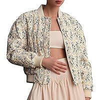 Shiyifa Women's Embroidered Daisy Cropped Bomber Jacket Long