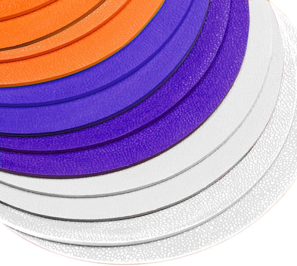 Kosma Set of 12 Non-slip Flat Round Disc Markers- 8" Diameter | Landmark Track and Field Markers ( 4Pc each of Purple, Orange, White) - in an Mesh Carry Bag