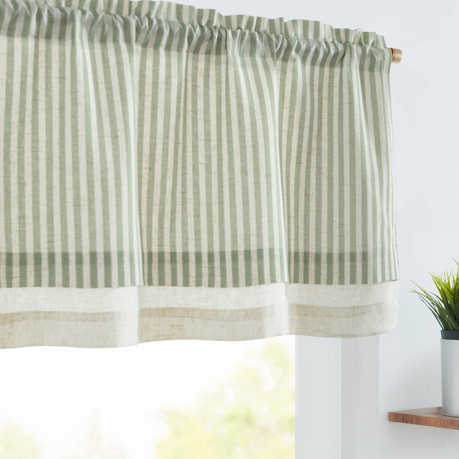 Photo 1 of jinchan Linen Valance Curtain Striped Small Window Curtain Double Layer Light Filtering Modern Farmhouse Valance for Kitchen Living Room Bedroom 18 Inch Rod Pocket 1 Panel Green on Beige
